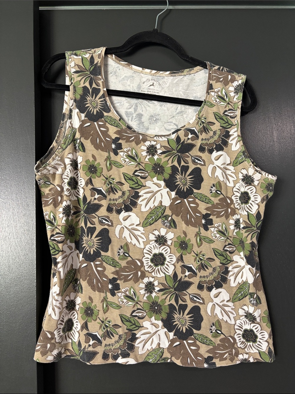 Vintage White Stag Sleeveless Floral Tank Top - Olive Green/Brown Cotton Spandex